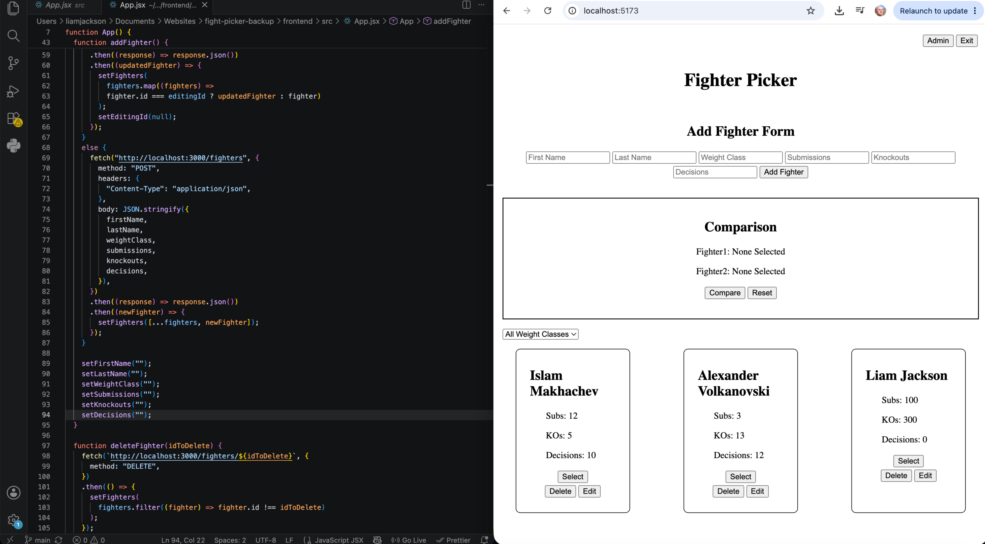 fighter-picker screenshot with code